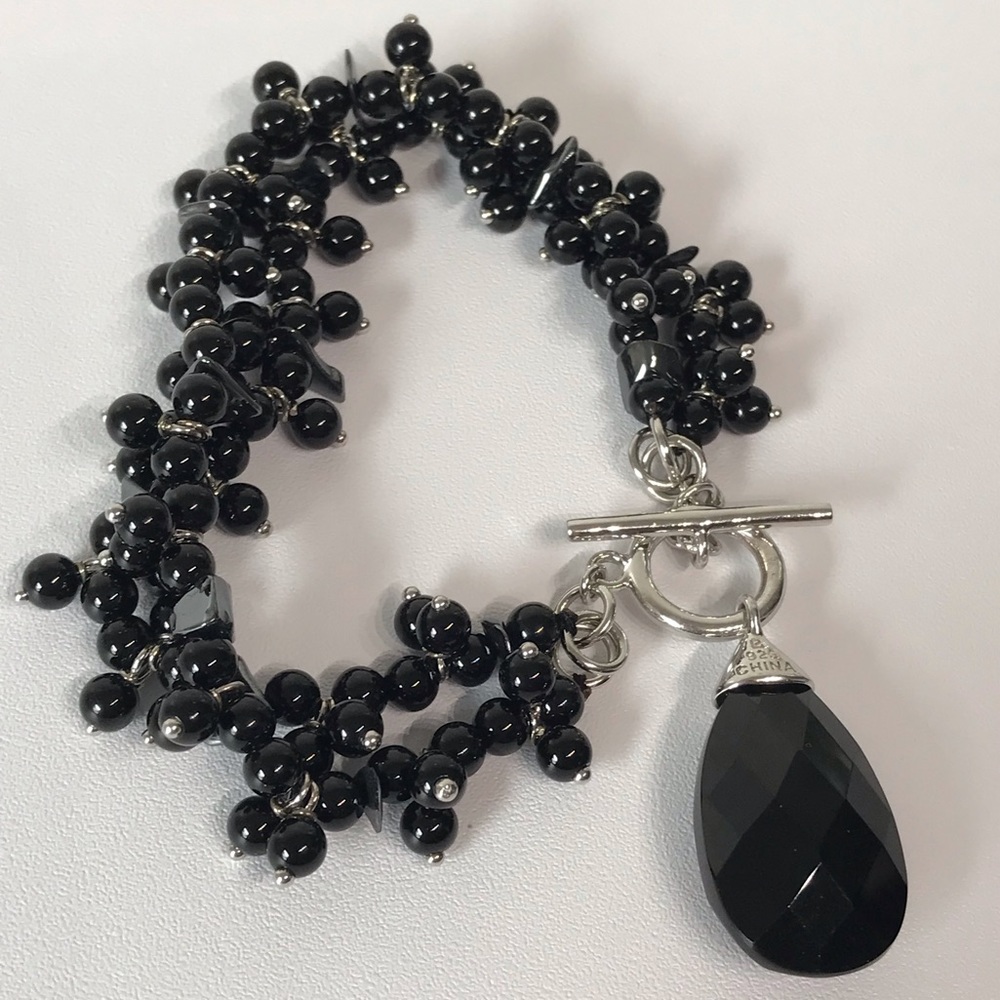 Signed Ross Simons Black Spinel Teardrop Pear Charm 925 Sterling Silver Bracelet